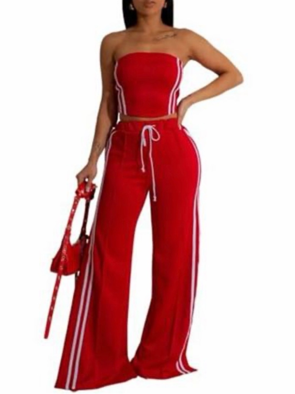 Women's Red Two-Piece Strapless Crop Top & Wide-Leg Pants Set